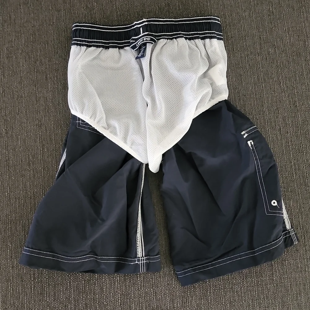 LANDS END Navy Board Shorts S 8 9 Swim Trunks Boys Cargo Short Hybrid